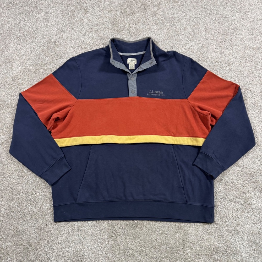 LL Bean Mens XXL Colorblock Snap Neck Fleece Sweatshirt Navy Orange 518429
